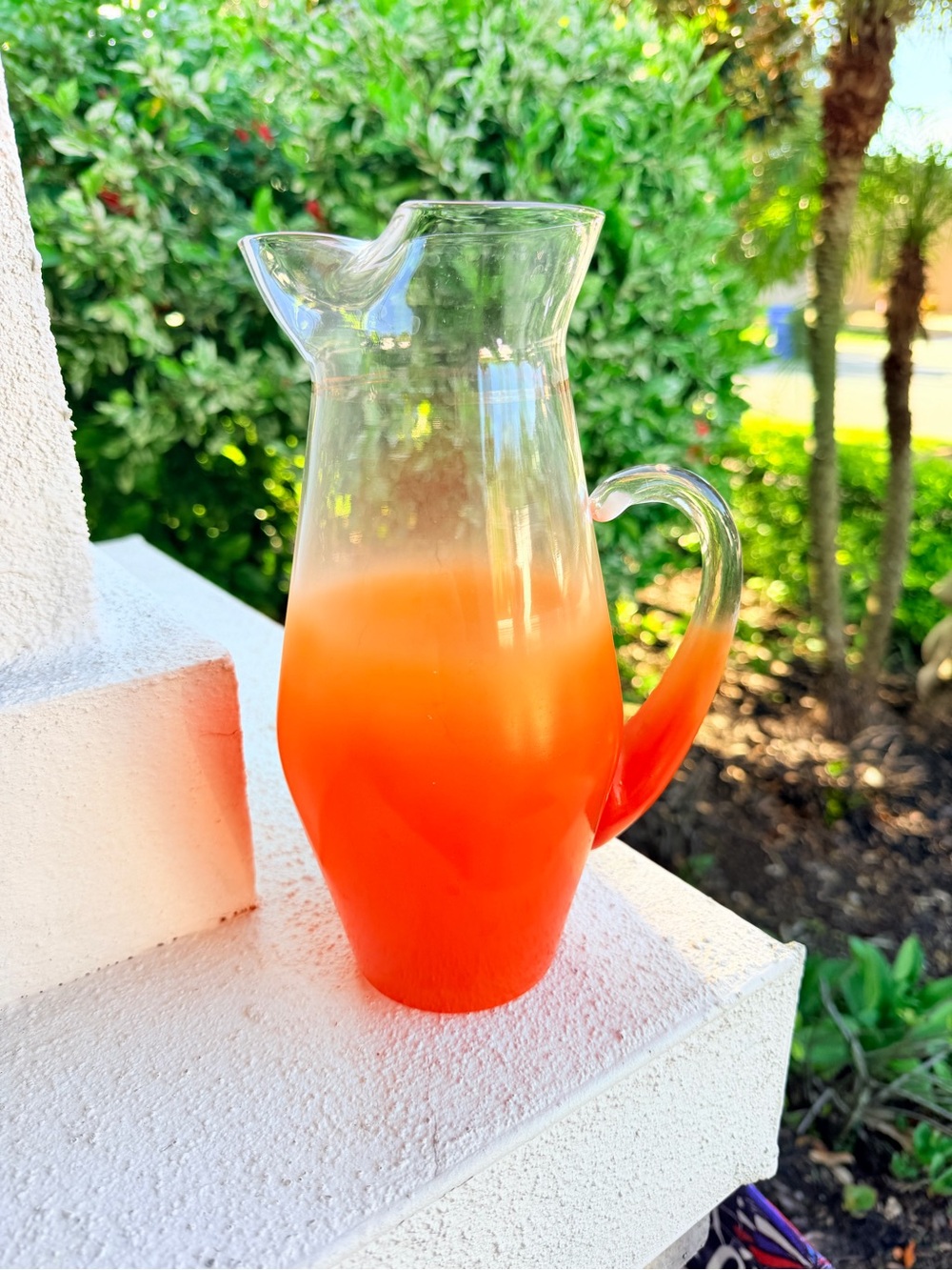 Vintage Orange Ombré Art Glass Pitcher Clear Applied Handle Wavy Rim